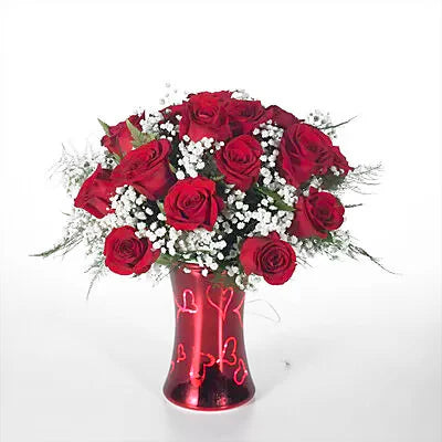 Beautiful 12 Red Roses in a Unique Red Vase