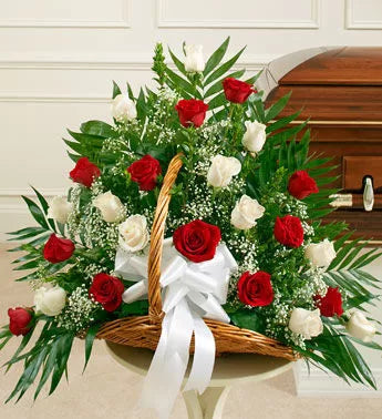 Elegant Floral Collection of 50 Red and White Rose Bliss Baskets