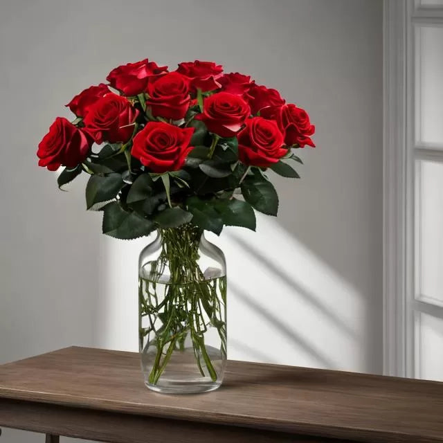 Large 12 Red Roses in a Clear Glass Vase