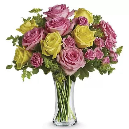 Yellow and Pink Roses in Glass Vase - 24 Stems