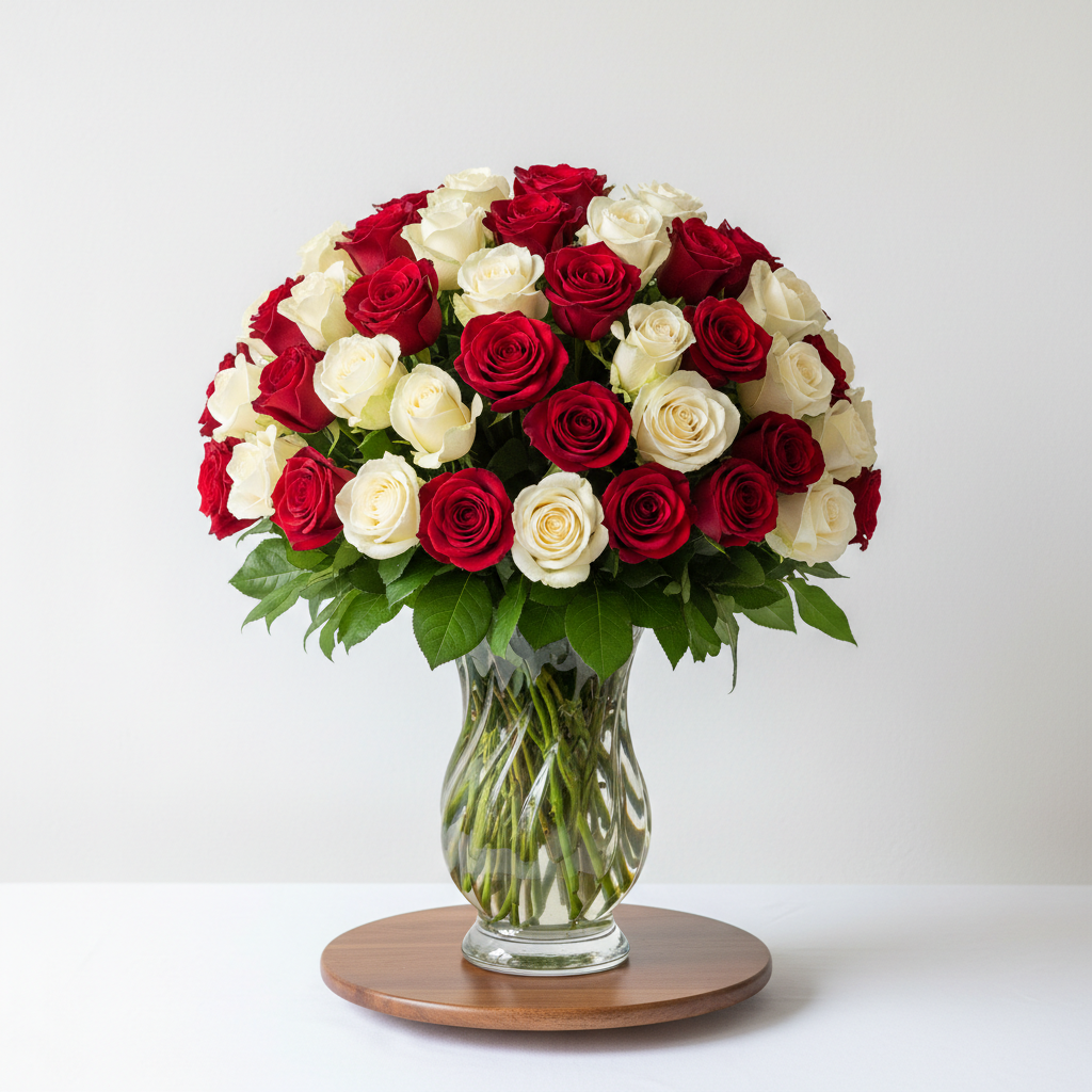 100 Red and White Roses in a Vase