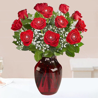 Red Roses with Diamond Pin Decoration Vase Arrangement