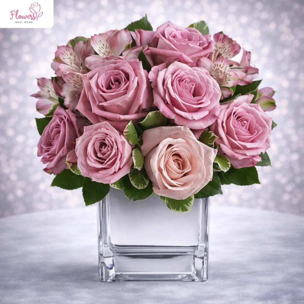 Bouquet of pink roses in a clear vase on a soft background
