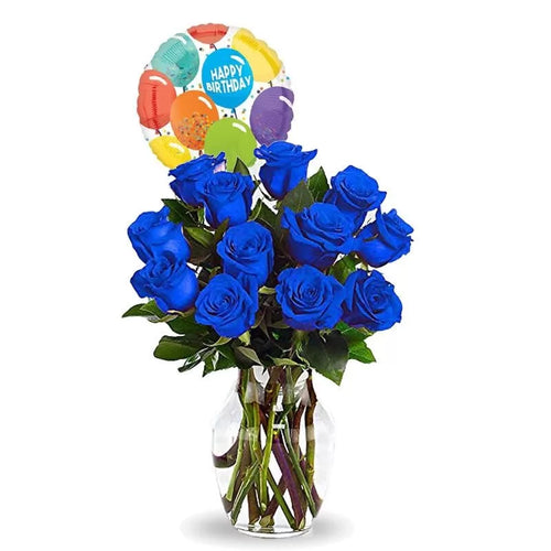 Happy Birthday Blue Roses Vase Arrangement