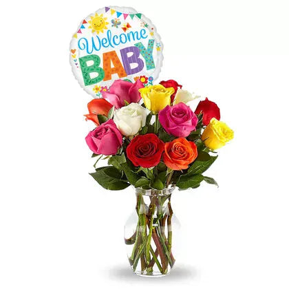 Mixed Colorful Roses in a Vase With Balloon