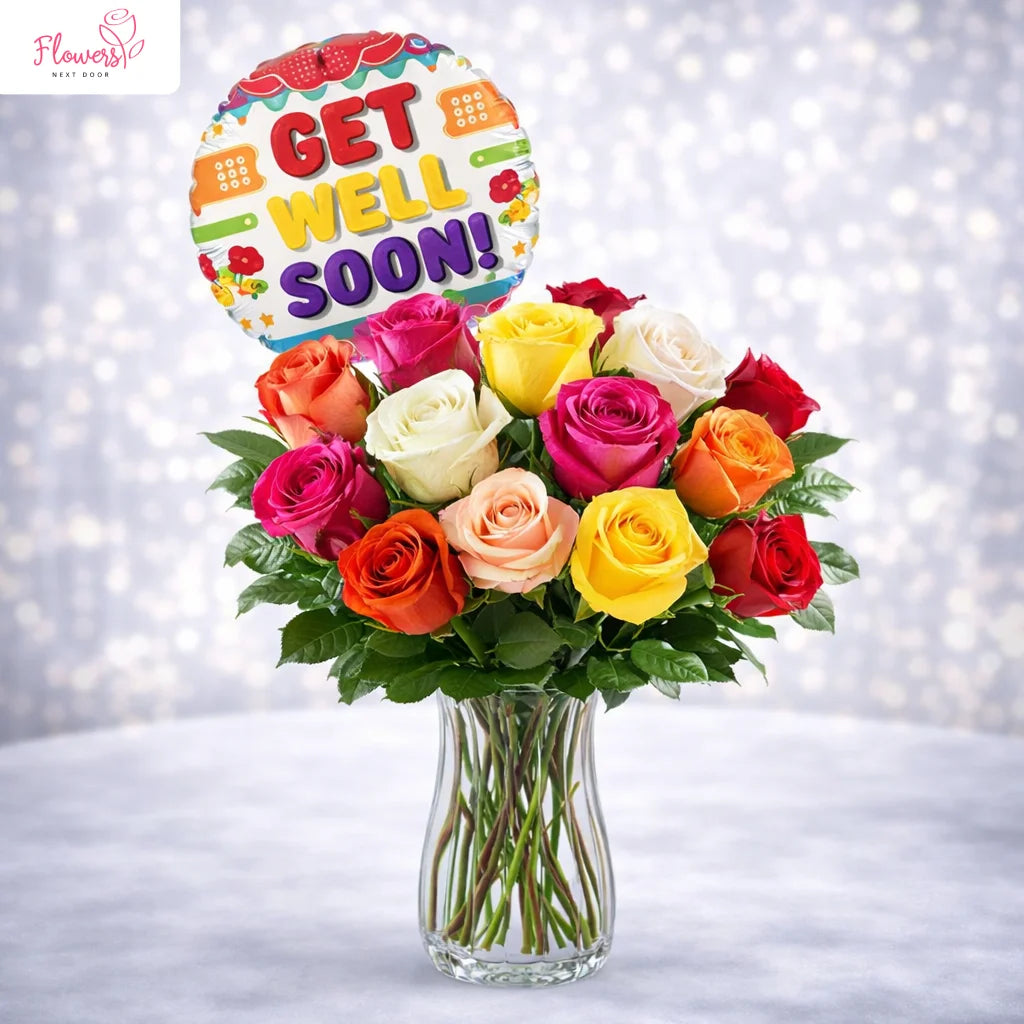 bright mixed color 12 roses in vase with balloons