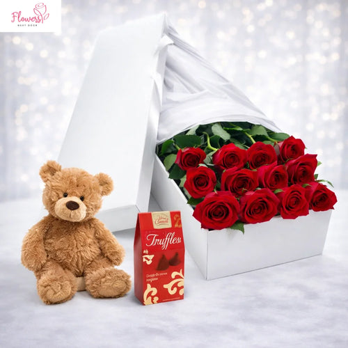 Captivating 12 Red Roses in Box with Combo