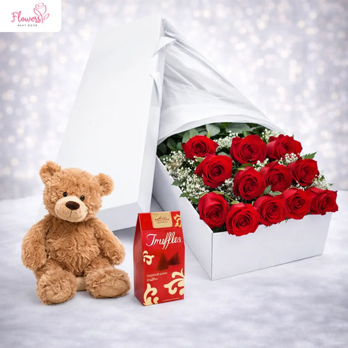 Dozen Long-stem Red Roses Combo in White Box