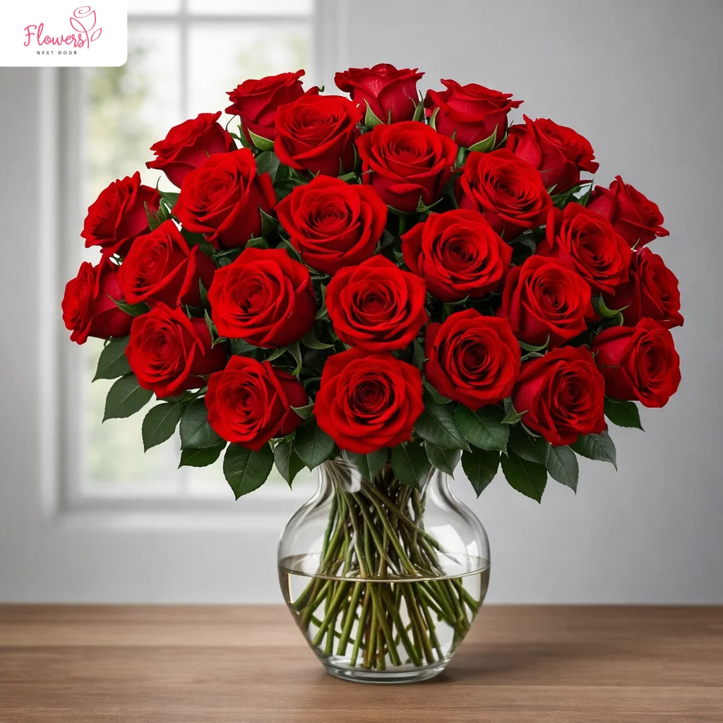 exquisite 24 long stemmed red roses in a vase