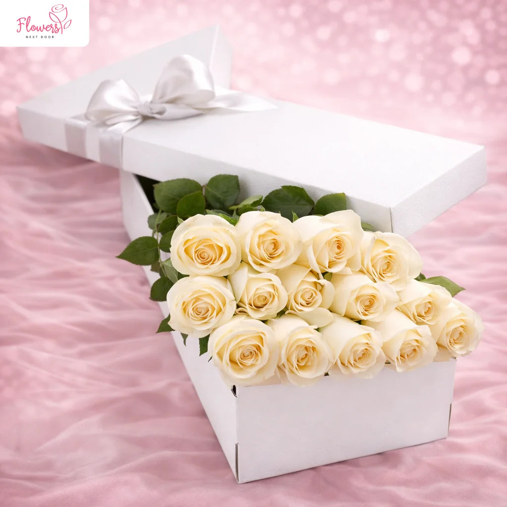 fresh dozen white rose in elegant box