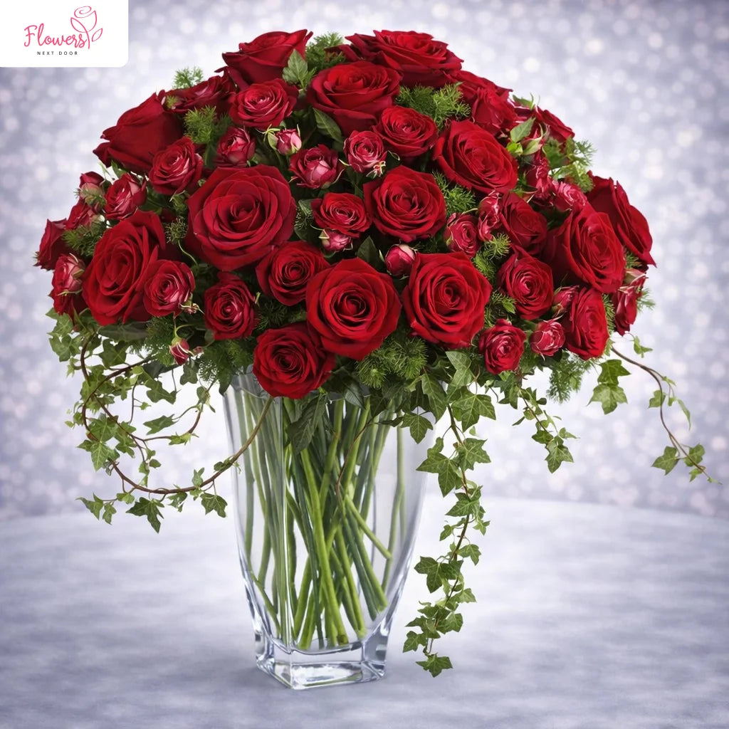 fresh red rose in a glass vase 50 stems