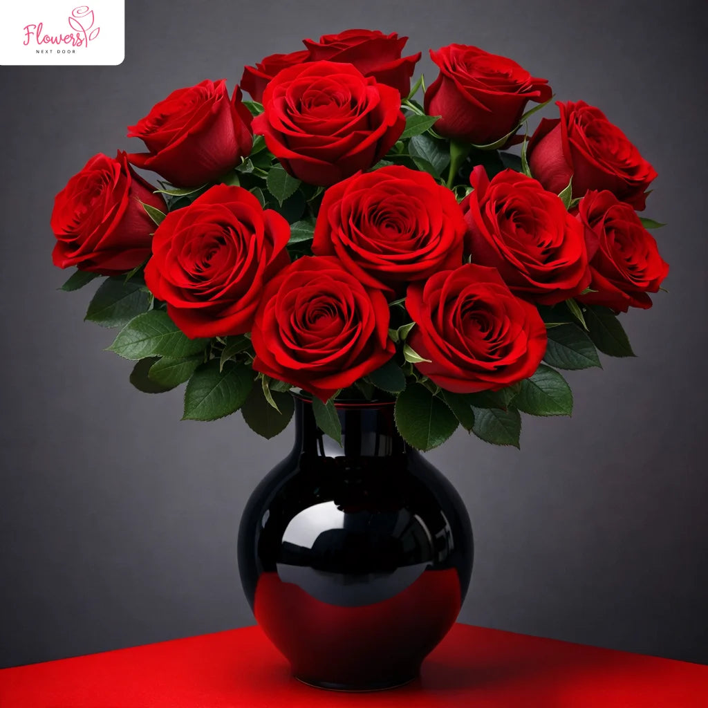 lovely 12 red roses in black vase