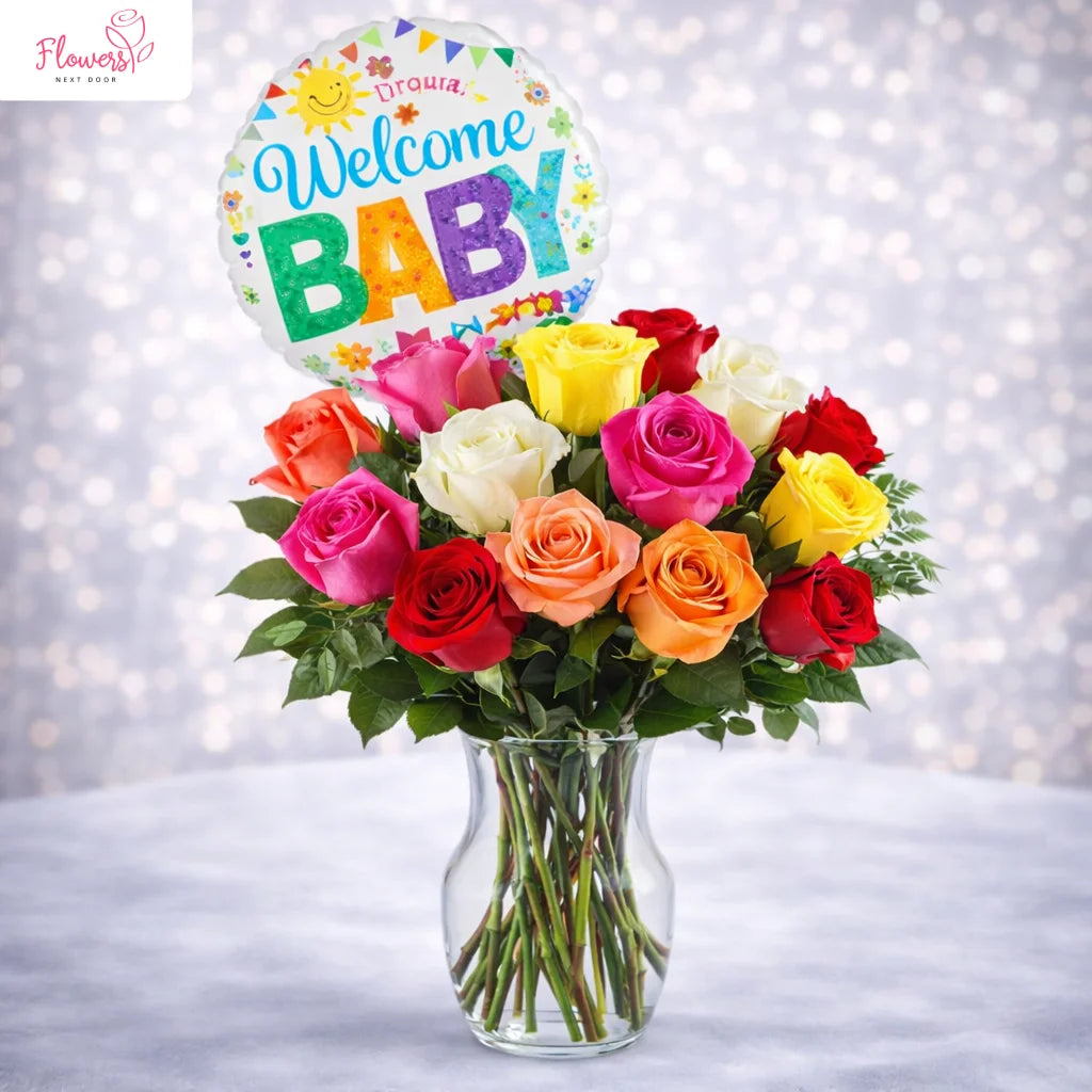 mixed colorful roses in a vase with balloon