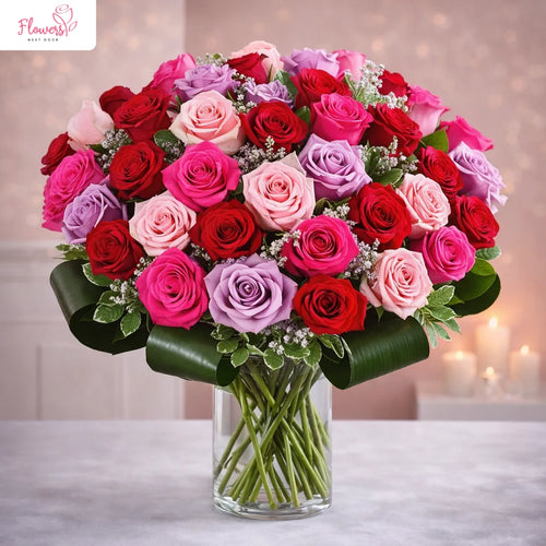 Radiant Mix Color Roses in Vase