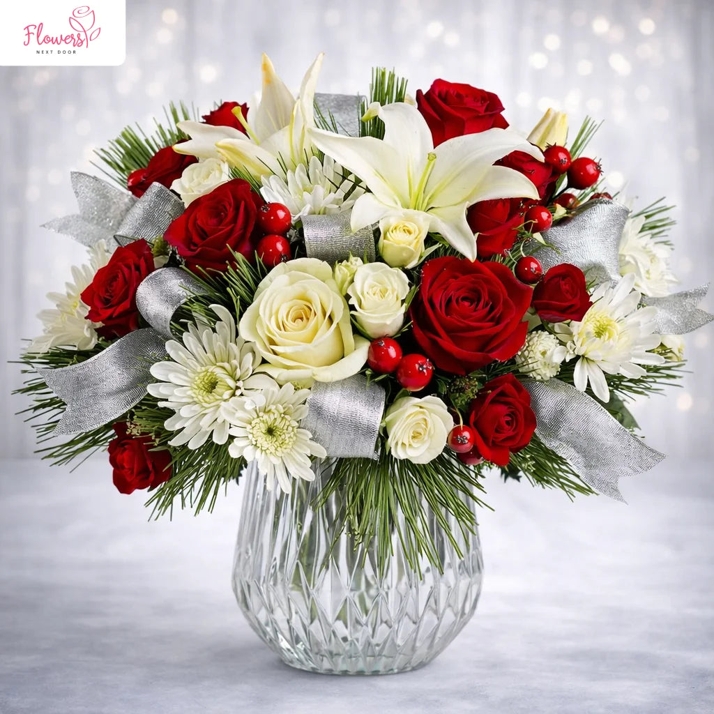 silver dancing in red floral centerpiece