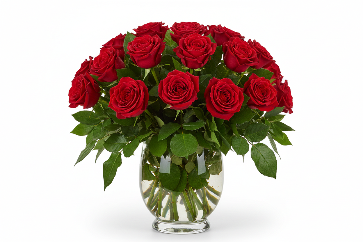 Simply Roses bouquet comprises of beautiful and simple vase filled with red roses and greens