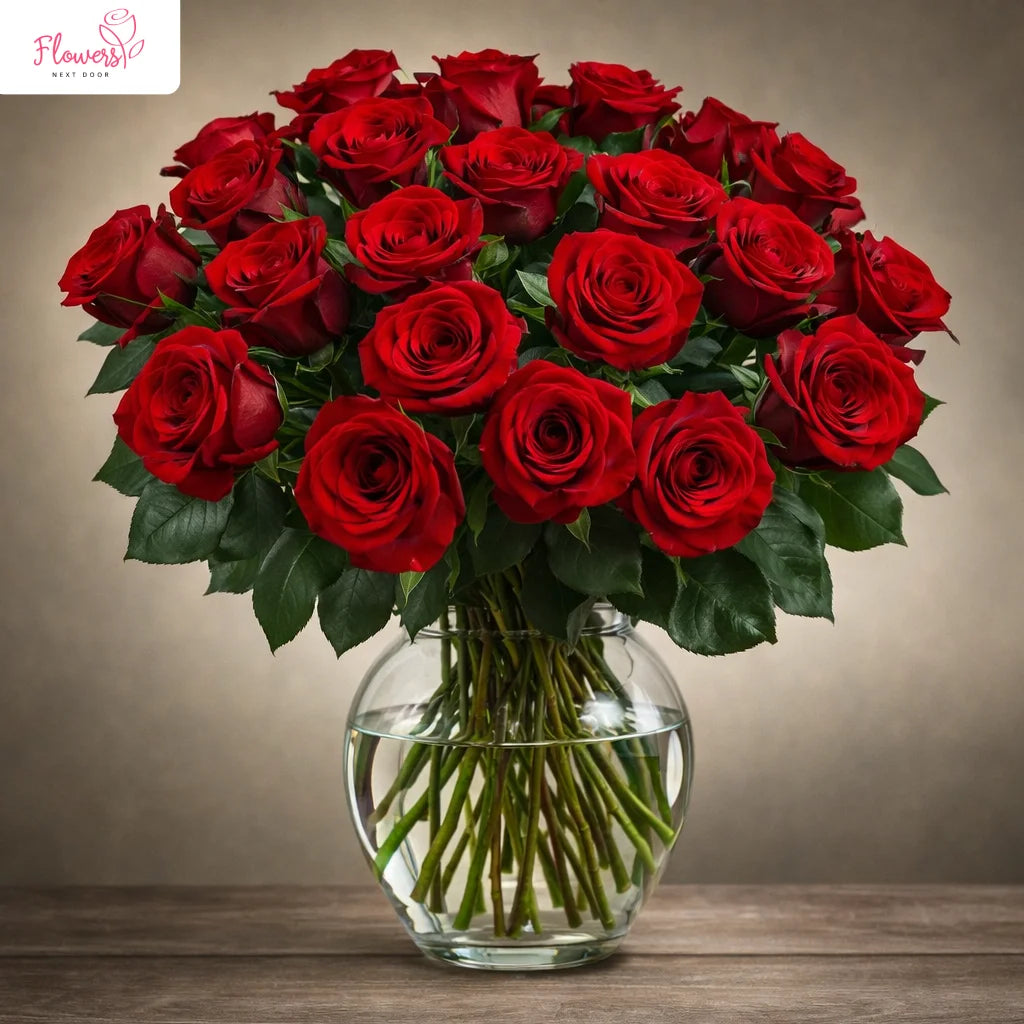 splendid long stemmed 30 red roses in a vase
