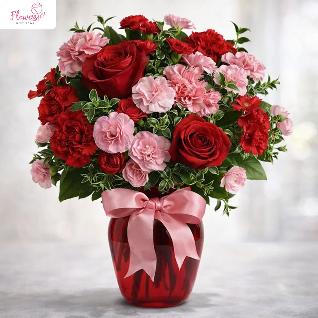 splendid red and pink roses in a vase