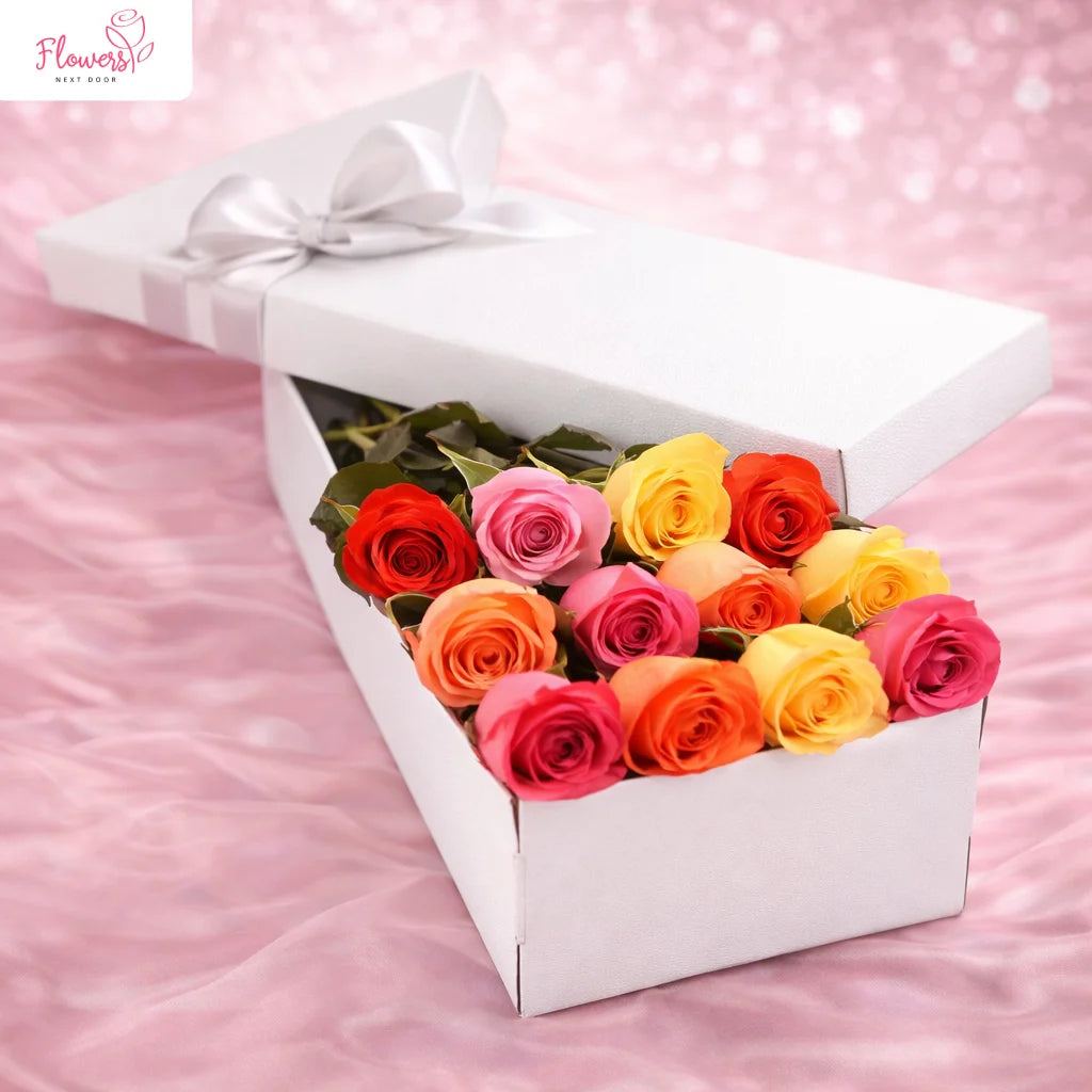 vibrant mix color roses in a box